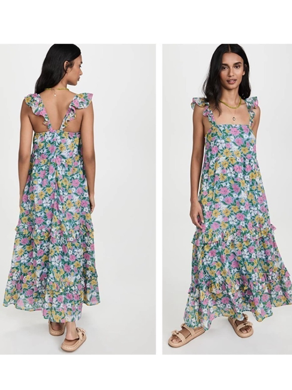 Banjanan Penelope maxi green pink floral Dress ruffle tiered cotton medium